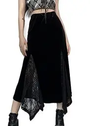 Produktbild: Punk Maxirock Damen Lang Samt Rock High Waist Taschentuchsaum Röcke Gothic Kleidung Damen Y2K Goth Hohe Taille Rock Abend Party