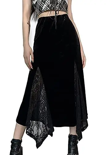 Produktbild: Punk Maxirock Damen Lang Samt Rock High Waist Taschentuchsaum Röcke Gothic Kleidung Damen Y2K Goth Hohe Taille Rock Abend Party