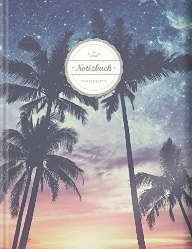 Produktbild: Punktraster Notizbuch (©Star, A4, 156 Seiten, Softcover) || Dickes Notizbuch mit Register + Robuster Einband || Bullet Journal, Handlettering, Skizzenbuch, Zeichenbuch, Gepunktet, „Palmen bei Nacht“
