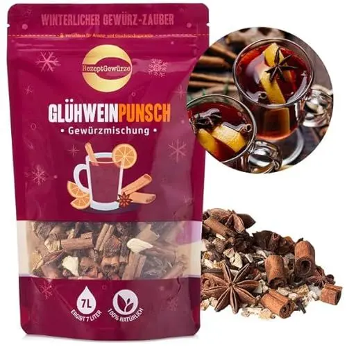 Produktbild: Punsch und Glühwein Gewürzmischung – Köstliches Glühweingewürz für Glühpunsch, Kinderpunsch und Apfelpunsch: Gewürz ohne Zucker, alkoholfrei, vegan – 100g Beutel