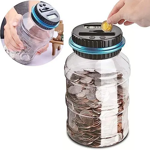 Produktbild: Pup Go Digitale Spardose mit Zähler, 1.8L Münzzähler Groß mit LCD Display, Sparschwein Personalisiert für Kinder Jungen Mädchen und Erwachsene, Durchsichtig Elektrische Sparbüchse Zählwerk XXL