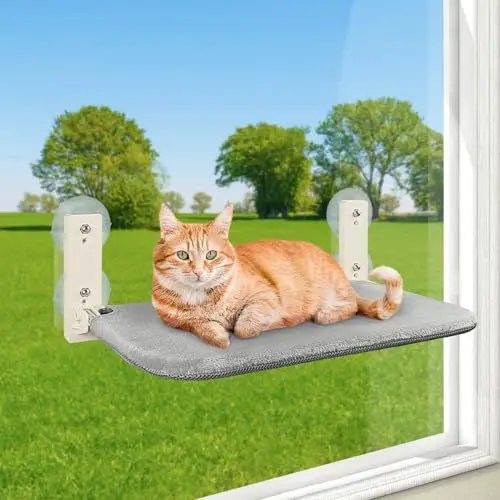 Produktbild: PUPAGREE Kabellose Faltbare Katzenfensterstange, Katzenhängematte für Fenster und Wand, mit 4 Saugnäpfen, Stabiler Setal-Rahmen für Glasfenster und Innenwände (Grau groß)