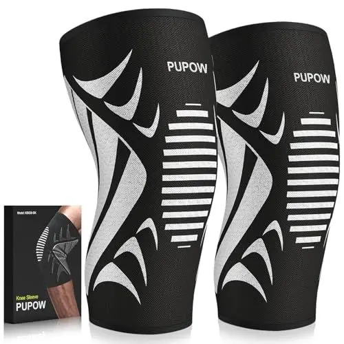 Produktbild: PUPOW Kniebandage, 2 Pack Kniebandage Männer und Damen, Bandage Knie für Meniskusriss, Arthritis, Gelenkschmerzlinderung, ACL, Laufen, Gewichtheben, Volleyball, Fußball（XL 48-55CM）