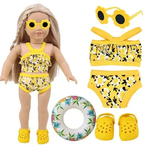 Produktbild: Puppen Schwimmset, Afenau 4 Stück Puppen Badeanzug Set mit Schwimmring, Sonnenbrille, Badeanzug und Sandalen, Lustigen Puppenkleidung Sommer, Baby Puppenzubehör für18 Zoll Schwimmpuppe (Gelb)