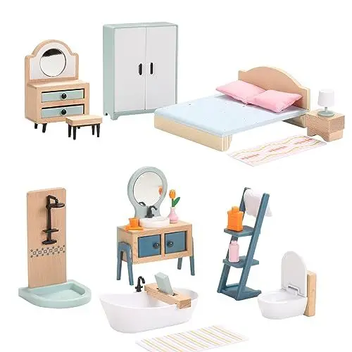 Produktbild: Puppenhaus Möbel Holz Set, Holz und Kunststoff Bad und Schlafzimmer-Set, 24 Teiliges Puppenhaus Zubehör Pretend Play Möbel Spielzeug für Jungen, Mädchen und Kleinkinder Wooden Dollhouse Furniture Set