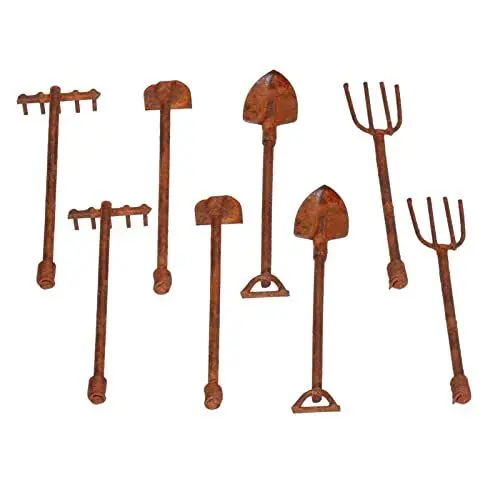 Produktbild: Puppenhaus-Landwirtschaftswerkzeuge, Mini-Gartenwerkzeugset aus Rostigem Metall mit Schaufel, Hacke, Rechen und Heugabel, für DIY-Puppenhauszubehör, Eisenmaterial (4 Werkzeuge)