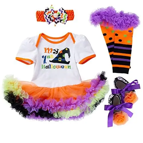 Produktbild: PUPYGIYUC Baby Girl Halloween Kostüme My 1st Halloween Outfits Strampler 4-teiliges Set Tutu Spitzenrock + Stirnband + Schuhe + Beinwärmer 3-6 Monate