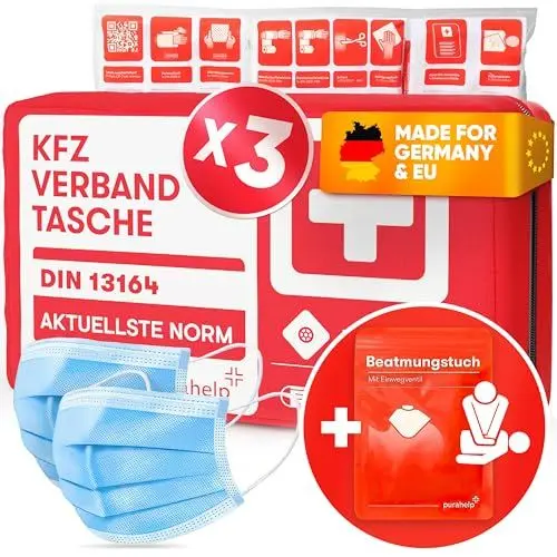 Produktbild: PURAHELP 3x KFZ Verbandstasche nach aktueller Norm 2025 DIN 13164 (StVO konform) - Inkl. Beatmungstuch - Erste Hilfe Set Auto Verbandskasten 2025