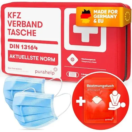 Produktbild: PURAHELP KFZ Verbandstasche nach aktueller Norm 2025 DIN 13164 (StVO konform) - Inkl. Beatmungstuch - Erste Hilfe Set Auto Verbandskasten 2025