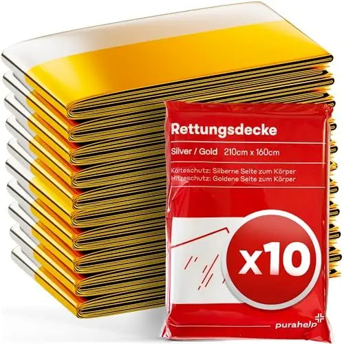 Produktbild: PURAHELP Rettungsdecke Gold Silber für Notfälle (10 Stück) - 210 x 160 cm - Wetterfeste Notfalldecke für Erste Hilfe und Outdoor - Kompakte Rettungsdecken für Auto, Wandern & Camping