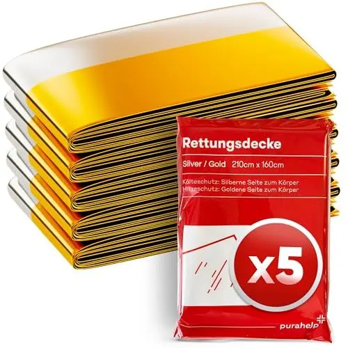 Produktbild: PURAHELP Rettungsdecke Gold Silber für Notfälle (5 Stück) - 210 x 160 cm - Wetterfeste Notfalldecke für Erste Hilfe und Outdoor - Kompakte Rettungsdecken für Auto, Wandern & Camping