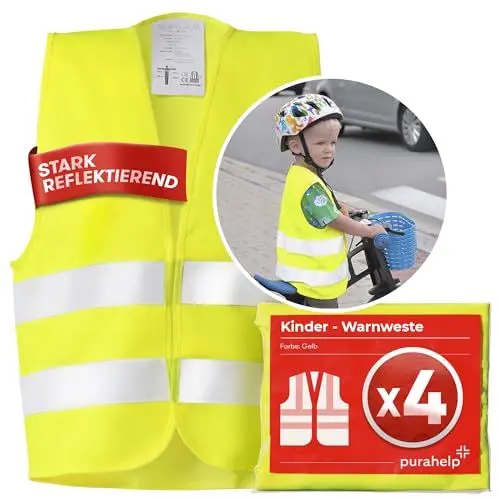 Produktbild: PURAHELP Warnweste Kinder (5-12 Jahre) Sicherheitsweste (4 Stück) für den Schulweg, Fahrrad, Auto - Reflektierende Warnweste Gelb