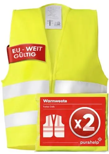 Produktbild: PURAHELP Warnwesten Auto 2er Set Europaweit gültig nach EN ISO 20471 - Reflektierende Warnweste Auto - Sicherheitsweste Auto Warnweste Gelb - Warnschutzweste - Sicherheitswesten für Erwachsene