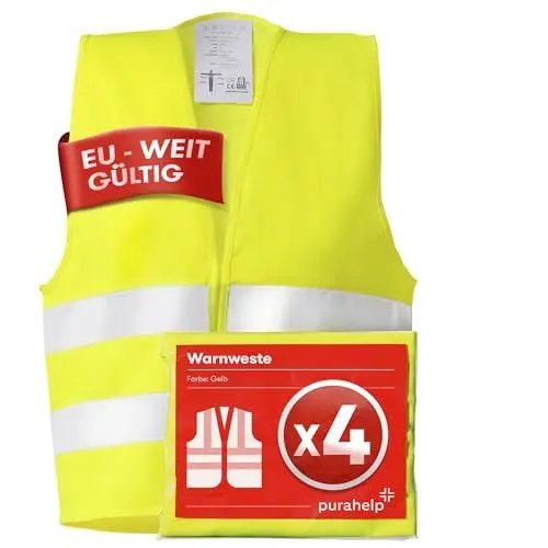 Produktbild: PURAHELP Warnwesten Auto 4er Set Europaweit gültig nach EN ISO 20471 - Reflektierende Warnweste Auto - Sicherheitsweste Auto Warnweste Gelb - Warnschutzweste - Sicherheitswesten für Erwachsene