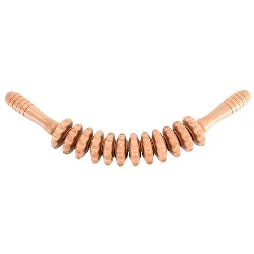 Produktbild: PURAVA Gebogener Holz-Massageroller für Beine, Rücken und Bauch - Faszienstab und Massagegerät für Muskelentspannung und Cellulite - Faszienrolle mit Griff