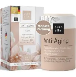 Produktbild: Pure Ella ANTI-AGING - Kollagen Kapseln mit Hyaluronsäure - Plus Extrakte aus Grüntee & Staudenknöterich, Coenzym Q10, Vitamine A, C, E und Zink - Hochdosiert, Hormonfrei - 60 Stück