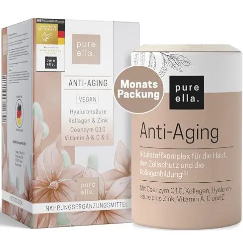 Produktbild: Pure Ella ANTI-AGING - Kollagen Kapseln mit Hyaluronsäure - Plus Extrakte aus Grüntee & Staudenknöterich, Coenzym Q10, Vitamine A, C, E und Zink - Hochdosiert, Hormonfrei - 60 Stück