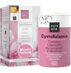 Produktbild: Pure Ella CystoBalance - Cranberry D Mannose Kapseln mit L-Methionin, Extrakten aus Kürbissamen & Löwenzahn - Plus Vitamine C und D fürs Immunsystem - Vegan, Hochdosiert, Hormonfrei - 60 Stück