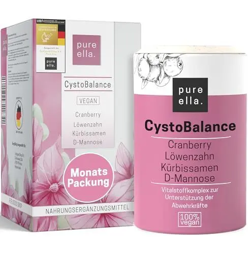 Produktbild: Pure Ella CystoBalance - Cranberry D Mannose Kapseln mit L-Methionin, Extrakten aus Kürbissamen & Löwenzahn - Plus Vitamine C und D fürs Immunsystem - Vegan, Hochdosiert, Hormonfrei - 60 Stück