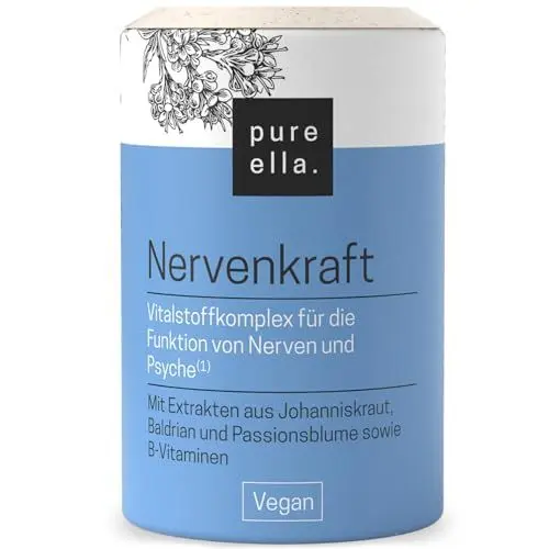 Produktbild: Pure Ella NERVENKRAFT - Baldrian Passionsblume Johanniskraut Kapseln - Vitamin B1 und Niacin für Nerven & Psyche - Laborgeprüft in Deutschland – Hochdosiert, 60 Vegane Kapseln