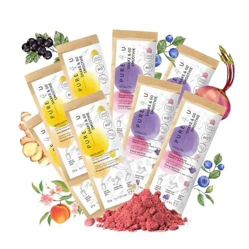 Produktbild: PURE4U BIO Immuno Vital Paket (4x Immunity, 4x Vitality) | 8x To Go Smoothie Shake Pulver | mit pflanzlichen Proteinen und Ayurveda | Ohne Zuckerzusatz | Leichte Zubereitung ohne Mixer