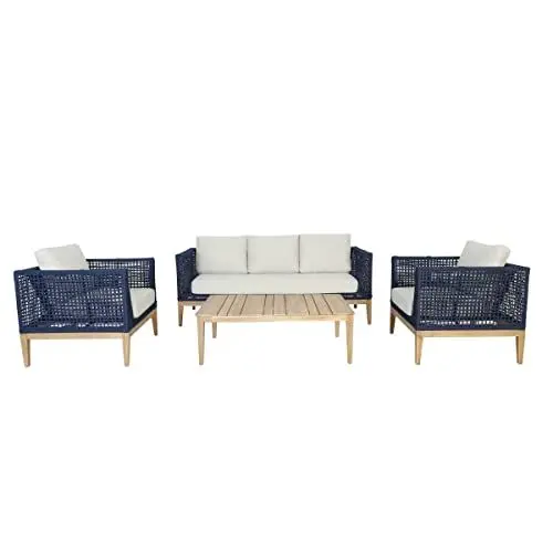 Produktbild: Pureday Outdoor-Lounge-Set, 4-TLG. Marco - 1 3-Sitzer Sofa & 2 Sessel & 1 Tisch - Akazie, Rope-Geflecht - blau