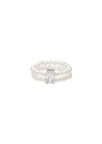 Produktbild: Purelei® Elastischer Ring mit Muschelperlen & eckigem Zirkoniastein – Edelstahl in Gold, Silber oder Roségold, Größen S/M & M/L, elegantes Design (Silver, S-M)