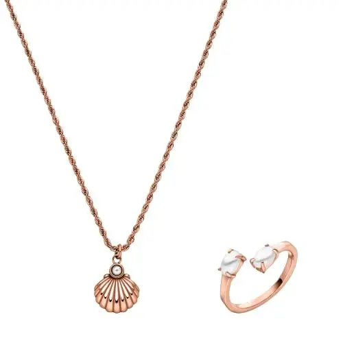 Produktbild: Purelei® Hapuna Schmuckset (Gold, Silber, Rosegold), Damen Schmuckset aus langlebigem Edelstahl, Wasserfeste Halskette und Ring mit Perlen und Muschel (Rosegold)