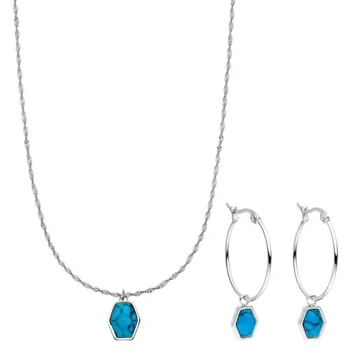 Produktbild: Purelei® Hopena Schmuckset (Gold, Silber, Rosegold), Damen Schmuckset aus langlebigem Edelstahl, Wasserfeste Halskette und Ohrringe mit Natursteinen aus Türkis (Silber)