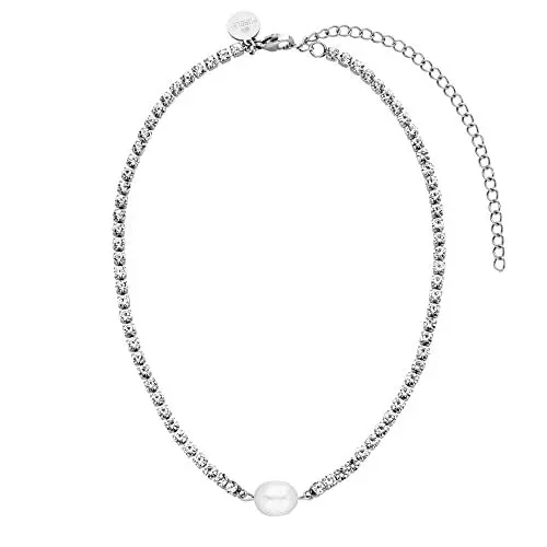 Produktbild: Purelei® Shimmering Pearl Kette (Silber), Wasserfester Choker für Frauen mit Steinen und Perle, Halskette für Damen aus Edelstahl, Geschenk für Frauen, 30-40 cm Länge verstellbar