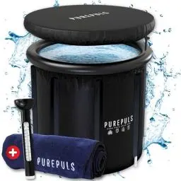Produktbild: PUREPULS Eisbad für Zuhause - Dein Komplettset XL Eisbaden Tonne 80x80cm, isolierende Eistonne + Wasserthermometer & Mikrofaserhandtuch, aufblasbare Badewanne, Eisbaden für Sportler & Anfänger