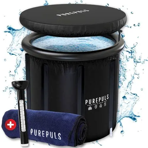 Produktbild: PUREPULS Eisbad für Zuhause - Dein Komplettset XL Eisbaden Tonne 80x80cm, isolierende Eistonne + Wasserthermometer & Mikrofaserhandtuch, aufblasbare Badewanne, Eisbaden für Sportler & Anfänger