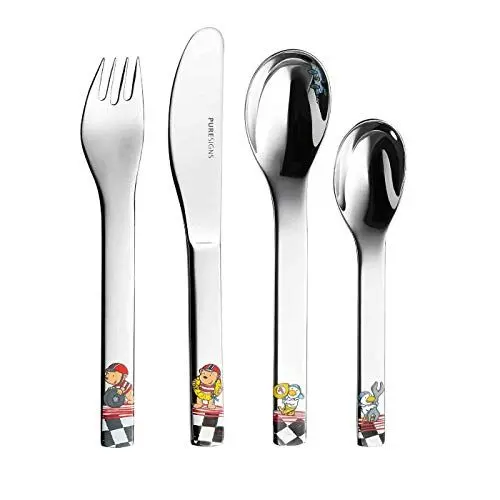 Produktbild: Puresigns Kinderbesteck 4-teilig Quick - Kinderbesteckset mit Rennfahrer-Motiv Edelstahl, kindgerecht & spülmaschinenfest Fantasievolles Besteck für kleine Entdecker