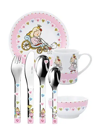 Produktbild: Puresigns ONE Nelia Kindergeschirr Prinzessin Porzellan Kinderbesteck Edelstahl Poliert Silber 7-teilig