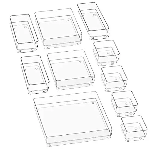 Produktbild: Puricon 10 Stück Schubladen Ordnungssystem/Organizer Plastik Schubladeneinsatz Tablett Schubladen Veranstalter Aufbewahrungsbox für Make-up Kosmetik Schminktisch Küche Schreibtisch Büro -Transparent