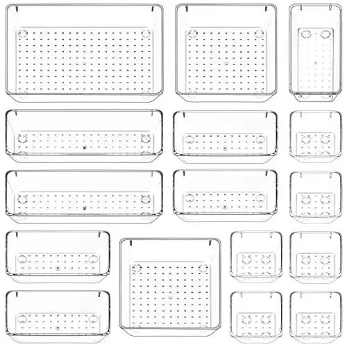 Produktbild: Puricon 16 Stück Schubladen Ordnungssystem Plastik Make-Up Organizer Antirutsch Schubladen Veranstalter Kunststoff Aufbewahrungsboxen für Bad Kosmetik Schminktisch Küche Büro Stiftablagen -Transparent