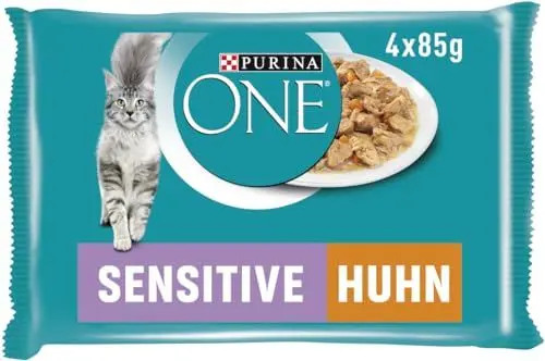 Produktbild: PURINA ONE SENSITIVE Katzenfutter Nass, zarte Stückchen in Sauce mit Huhn, 4er Pack (4 x 85g)