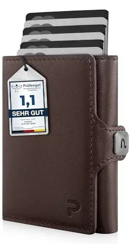 Produktbild: PURISTO KLIK Classic Slim Wallet mit Münzfach - Mini-Geldbörse für Herren aus Echtleder - Kleines Kartenetui mit RFID-Schutz für 10-14 Karten - Dunkelbraun