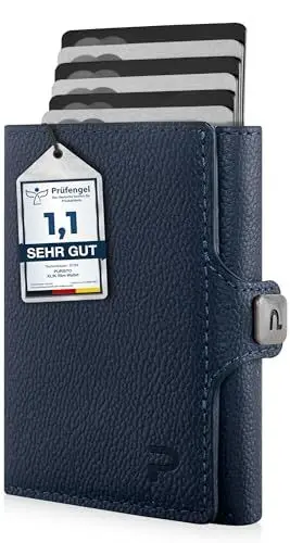 Produktbild: PURISTO KLIK Classic Slim Wallet mit Münzfach - Mini-Geldbörse für Herren aus Echtleder - Kleines Kartenetui mit RFID-Schutz für 10-14 Karten - Dunkelblau