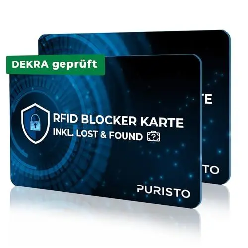 Produktbild: PURISTO® RFID Blocker Karte (2er Set) - DEKRA geprüft - 2in1 inkl. Lost & Found Service - NFC Schutz für Kreditkarten, EC Karten & Ausweise - Ultra-dünner Data Blocker - Portemonnaie RFID-Blocker