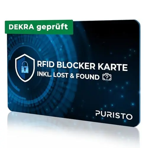 Produktbild: PURISTO® RFID Blocker Karte - DEKRA geprüft - 2in1 inkl. Lost & Found Service - NFC Schutz für Kreditkarten, EC Karten & Ausweise - Ultra dünn Data Blocker - Portemonnaie RFID Blocker gegen Datenklau