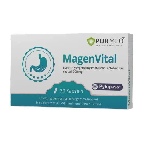 Produktbild: PURMEO® MagenVital – Pylopass® Lactobacillus reuteri, Zinkcarnosin, L-Glutamin und Ulmenrindenextrakt – 30 Kapseln – Unterstützung der Verdauung – vegan, laktosefrei, laborgeprüft, Made in Germany
