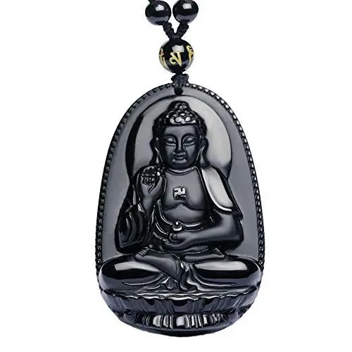 Produktbild: Purmy Buddha Anhänger Naturstein Amulett, Amitabha Jade Buddha mit Verstellbarer Schwarzer Perlenkette 52-72cm