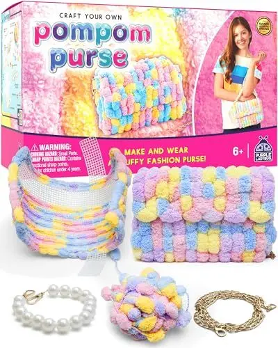 Produktbild: PURPLE LADYBUG Pompon-Tasche Bastelset - Geschenk für Kinder ab 6 Jahren, Coole Geschenkidee für Mädchen von 7-13 Jahren, Geschenke und Bastelset für Mädchen