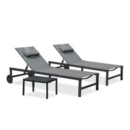 Produktbild: PURPLE LEAF 2-er-Set Sonnenliege mit Gesichtsöffnung und Kopfkissen, Aluminium Gartenliege, Wetterfest, Rückenteil 5-Fach Verstellbar, mit Beistelltisch und Rädern, Grau