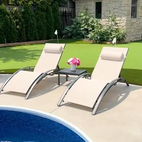 Produktbild: PURPLE LEAF 2-er Set Sonnenliege, Aluminium Gartenliege mit Beistelltisch und Kopfkissen, Wetterfest, 4-Fach Verstellbar, Stapelbar, 150 KG Belastung, Diverse Farben, Beige