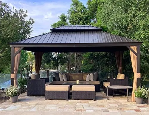 Produktbild: PURPLE LEAF Alu Pavillon 3.65 x 4.85 m Wasserdicht Stabil Winterfest Gartenpavillon mit Stahldach Hardtop Pavillon mit Seitenteile, Bronze