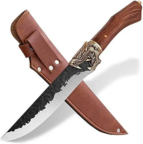 Produktbild: Purple Dragon Ausbeinmesser Hackmesser Handgeschmiedet Kochmesser Scharf Fleischermesser mit Lederhülle 7Cr17Mov KohlenstoffStahl 7 Zoll Outdoor-Messer für die Küche Camping Geschenkbox