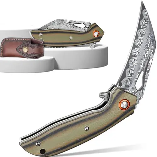 Produktbild: Purple Dragon Damast Klappmesser Outdoor, VG10 Damaststahl Jagdmesser, Scharf Damast Taschenmesser mit Damaszener Stahlklinge und V10 Griff für Camping, Survival & Wandern，Männer Geschenk