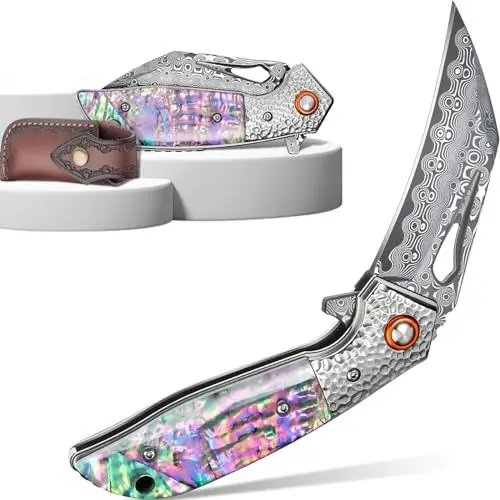 Produktbild: Purple Dragon Damast Taschenmesser, VG10 Damaststahl Survival Messer Klappbar, Damast Klappmesser Outdoor, Klappmesser Klein aus Damaszenerstahlklinge, farbige Muscheln Griff, Frauen Geschenke Ideen